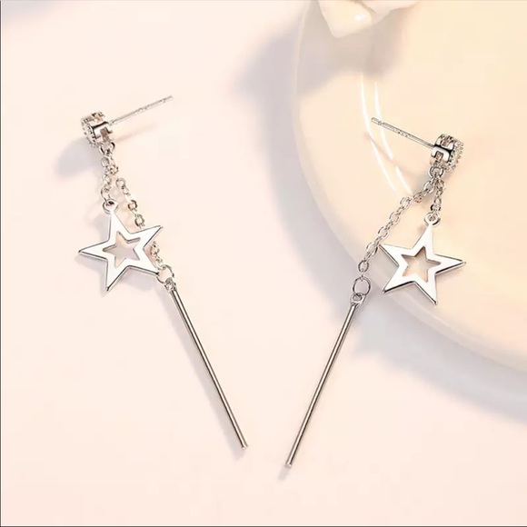 Sterling Silver 925 Star Long Chain Stud Earrings - Picture 2 of 5